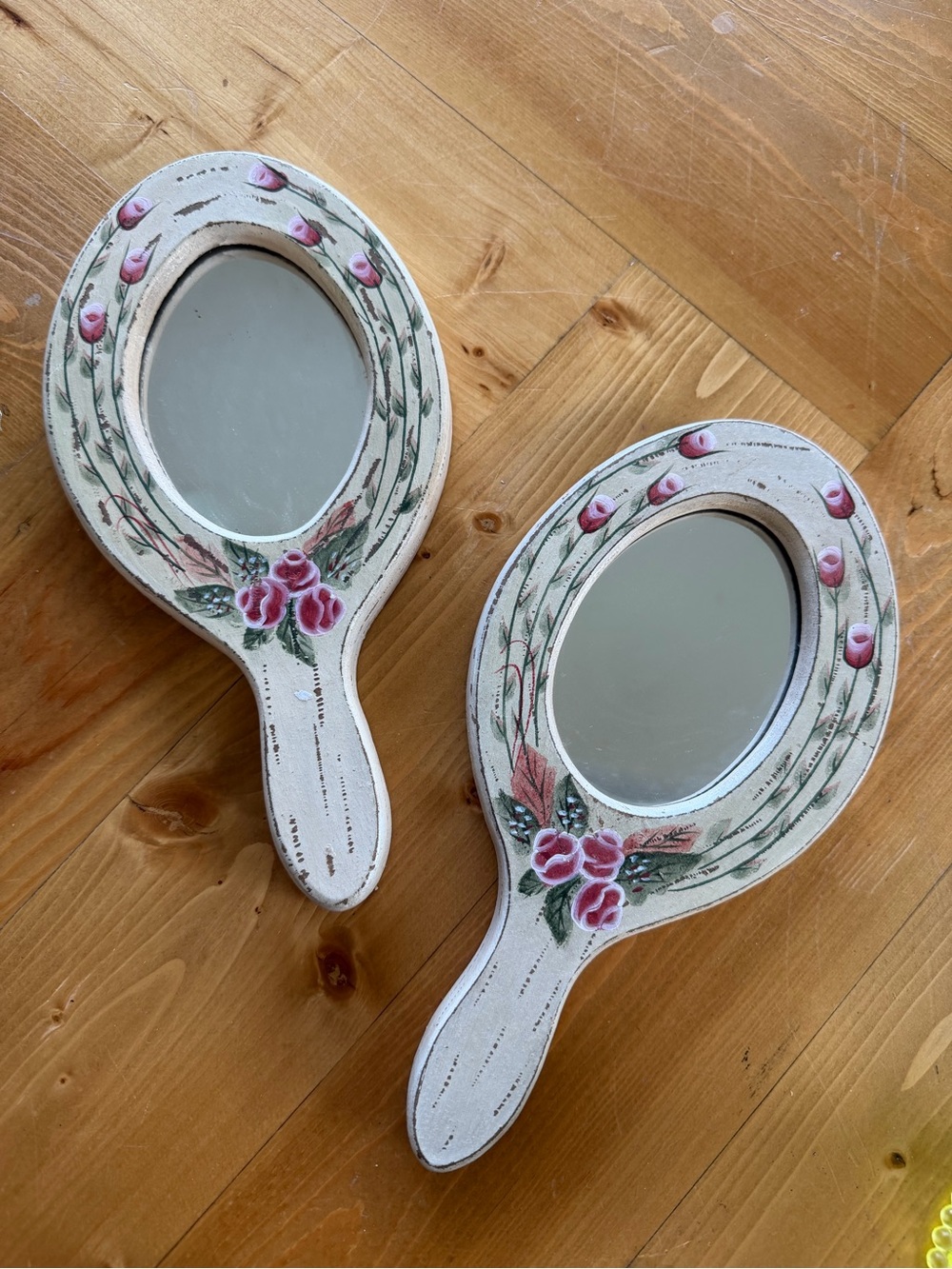 Hand-Painted Floral Wall Mirrors - Pink & Cream Set